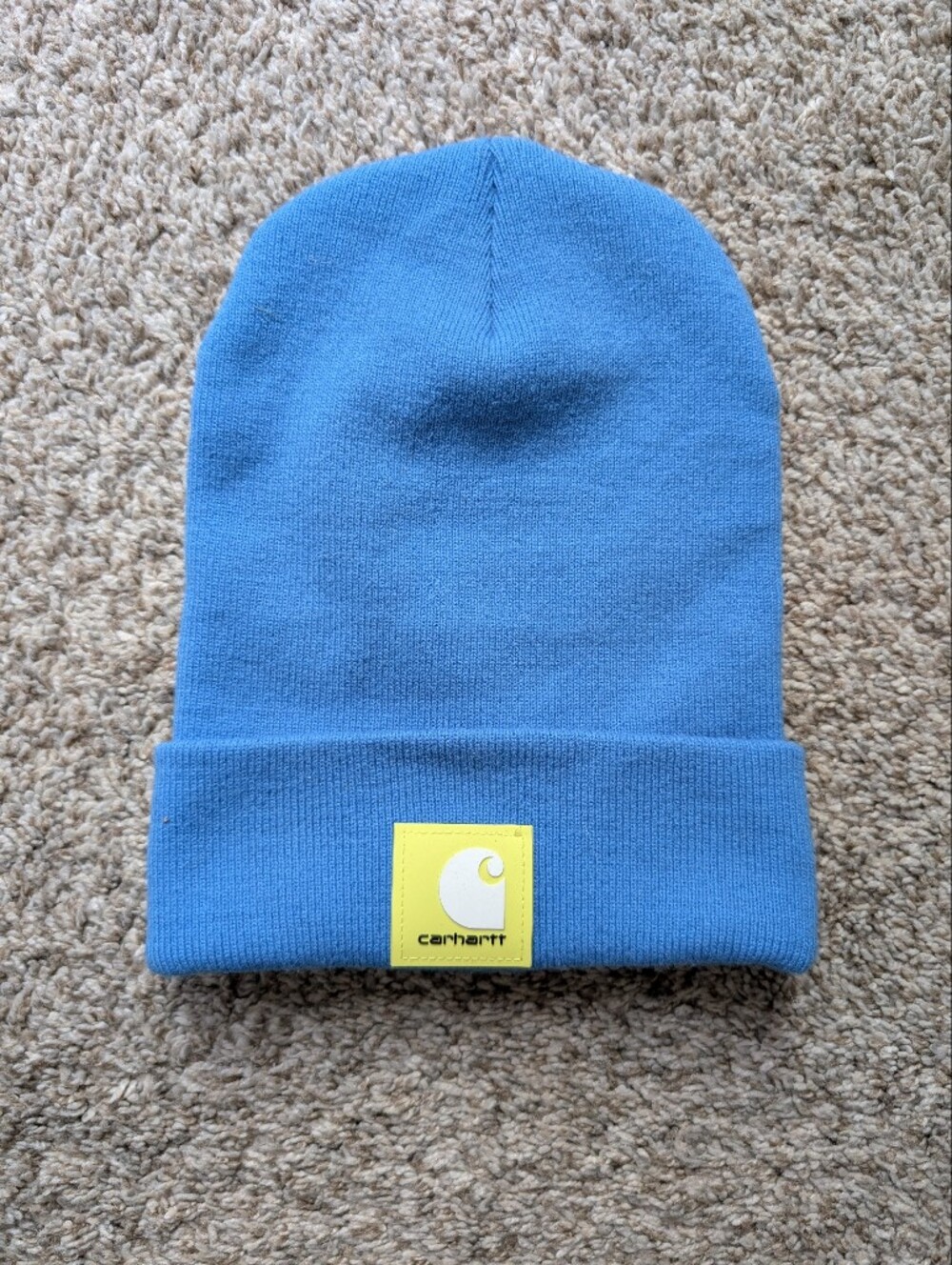 Carhartt Sky Blue Cuffed Beanie with Rubber Yellow Logo Patch Winter Knit Cap